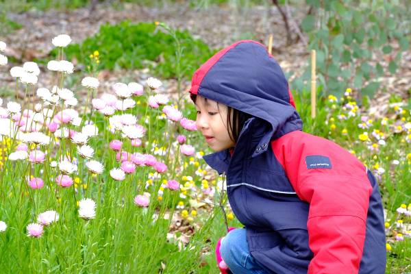 Esther smelling the spring flowers